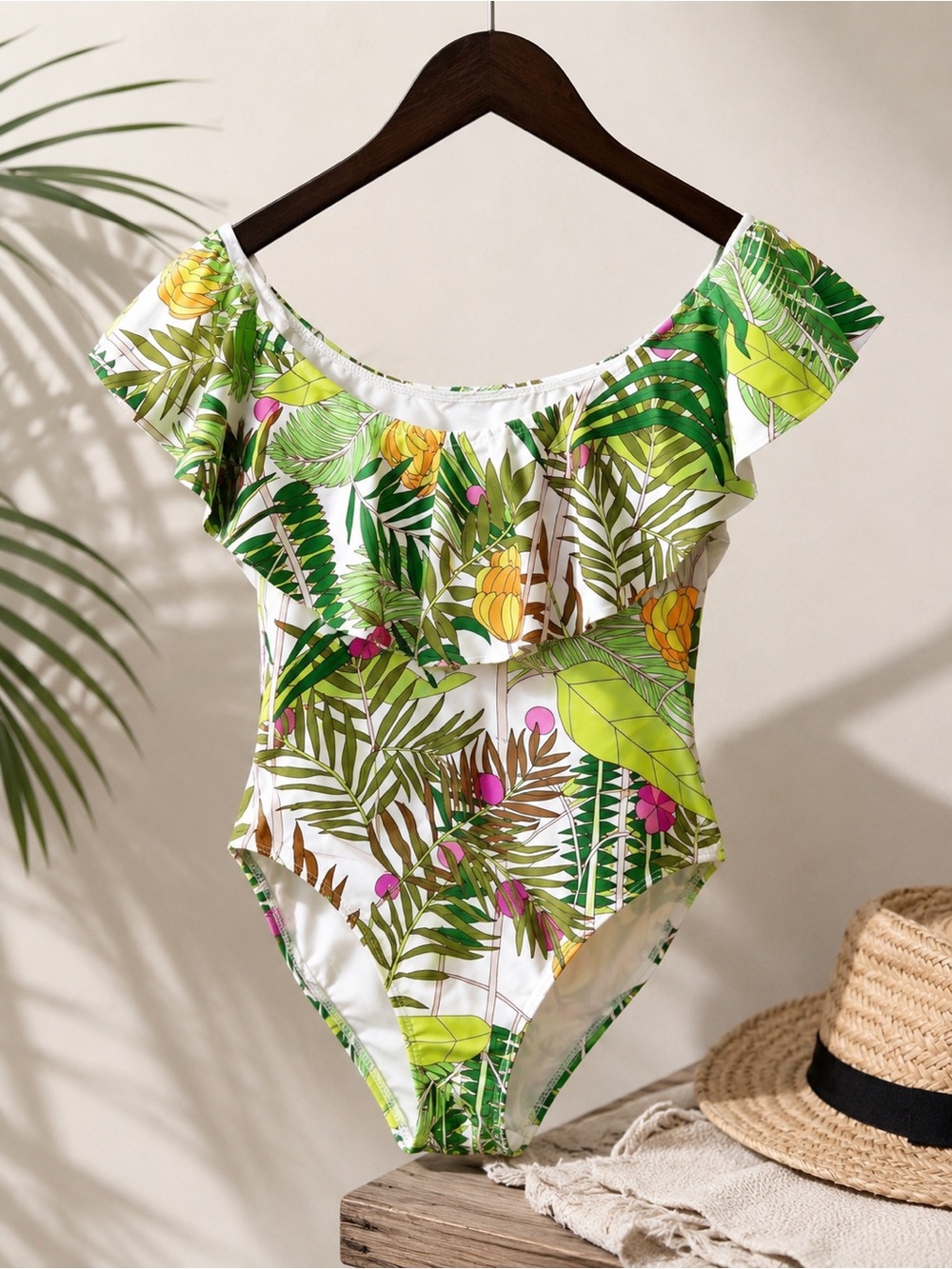 Trina Turk Green Fern Pattern Ruffle Shoulder One Piece Bathing Suit.